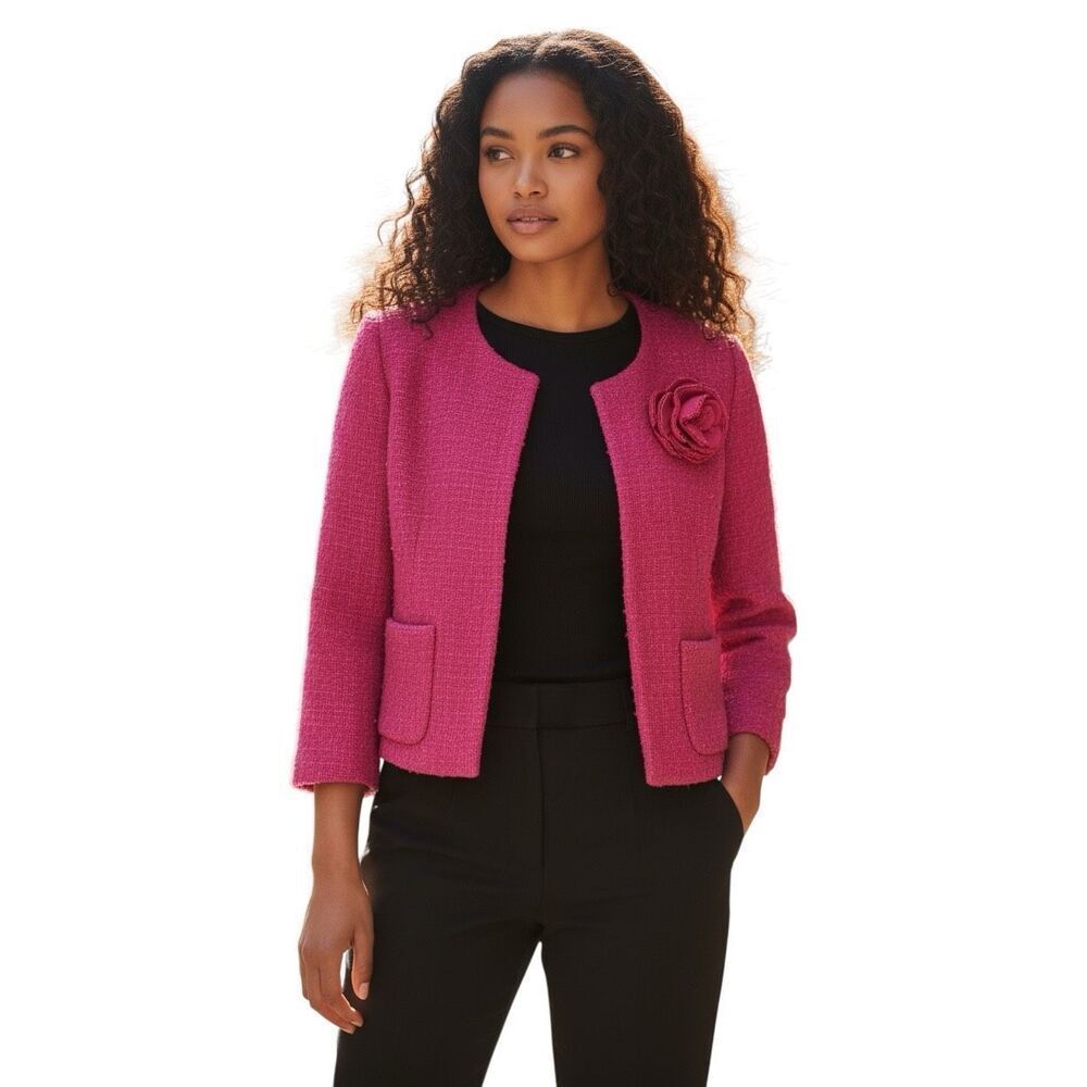 J. Crew Hot Pink Boucle Wool Blend Blazer Hook Front Flower Cropped Jacket Sz 2